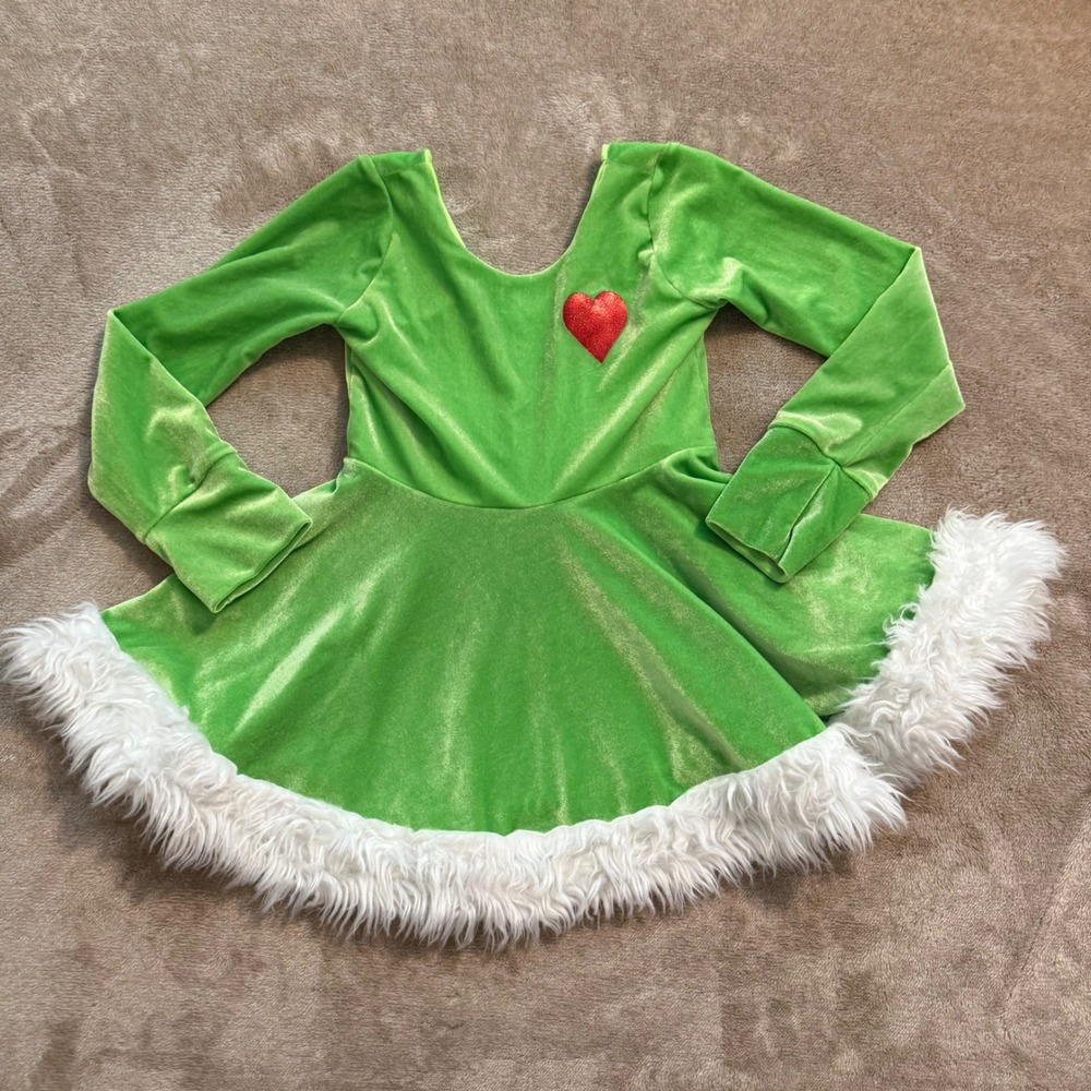 Green Velvet Christmas Dress Faux Fur Trim Red Heart Holiday Costume Kids
